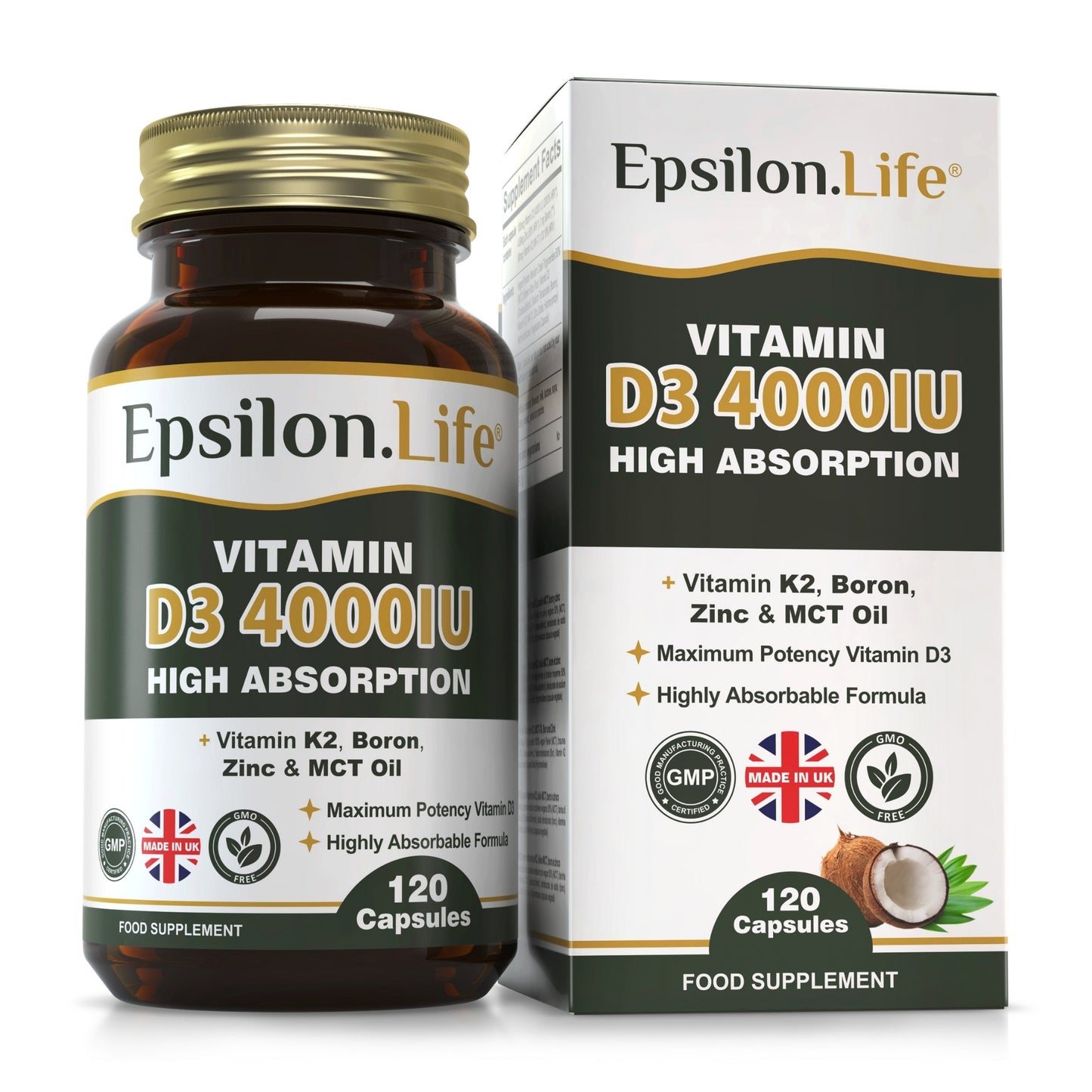 Epsilon Life Vitamin D3 4000IU, K2 + Cink, Bor, MCT Olje